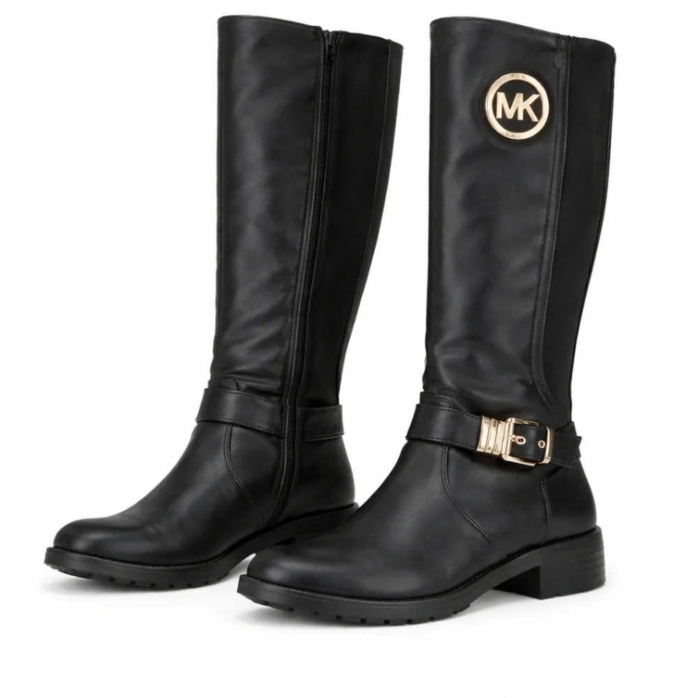 Michael Kors Tall Riding Boots Black Gold Logo Medallion Harness Buckle Sz 7